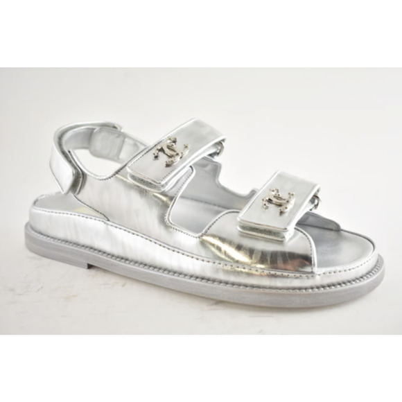 Chanel 22C Silver Laminated Star CC Logo Mule Slide Strap Flat Dad Sandal 35.5 - Picture 6 of 12
